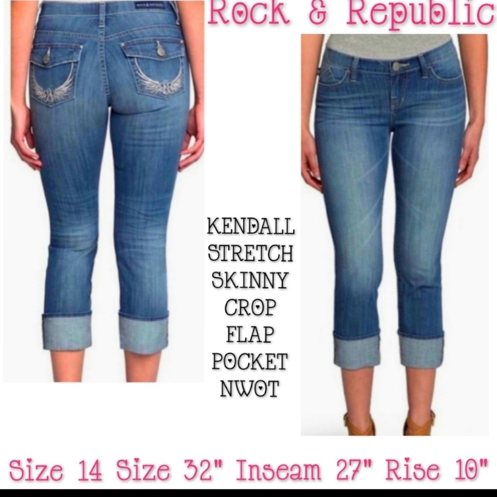 Rock & Republic Jeans Skinny Leg Size 14/32 Flap Pocket Crop NWOT